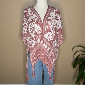 Vince Camuto Boho Birds Floral Open Front Kimono with Tassels One Size